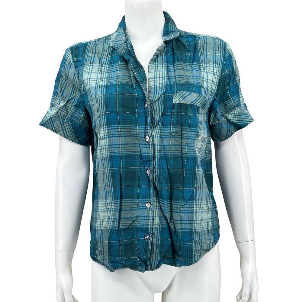 Victorias Secret Top Womens Small Blue Green Plaid Short Sleeve Pajama Sleep